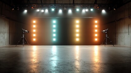 Vibrant neon stadium lights in rainbow colors, no people, symmetrical shot from the center aisle, surreal atmosphere