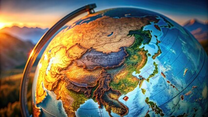 A beautifully lit, rotating globe with China prominently centered, showcasing the country's geographical boundaries, mountains, and rivers in stunning topographical detail.