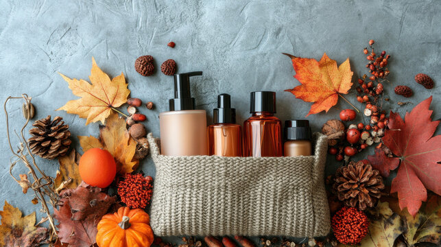 Autumn Beauty Essentials,  A cosmetic bag filled with various beauty products, beautifully decorated with autumn-themed elements and colors for seasonal appeal