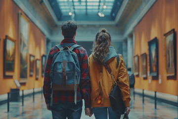 Two friends at a museum, concept of culture, macro photography, clean and realistic.