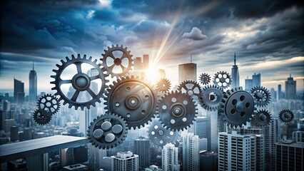 A blurred gray cityscape serves as a backdrop for a rotating gears mechanism, symbolizing the fusion of technology and abstract thought in modern innovation.