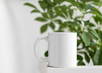 Mockup of a white tea cup or coffee mug on a white table minimalism background with a Schefflera plant. Subject template for your design, advertising with copy space