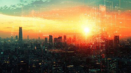 Fototapeta premium City Skyline Technology, A double exposure image showcasing a city skyline integrated with digital technology and data connections, highlighting modern urban landscapes
