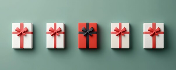 Five beautifully wrapped gift boxes arranged neatly, featuring a striking red box in the center, perfect for festive occasions.