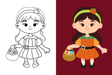 cartoon of a cute little girl in a pumpkin costume holding a basket of candy