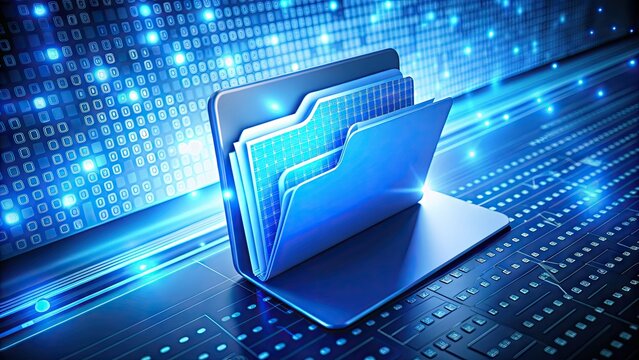 A bright blue folder icon with a glowing white binary code symbol on its front, surrounded by scattered papers and a modern laptop keyboard background.