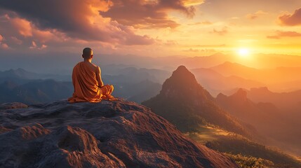 Monk meditating on a mountaintop at sunset