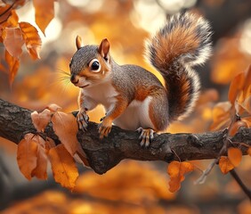 Squirrel on Oak Branch in Autumn, National Geographic Style, AI generated illustration