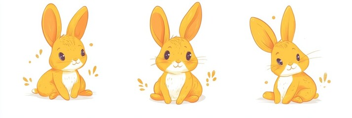 Fototapeta premium Adorable cartoon yellow rabbit trio in doodle style on white background