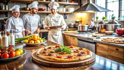 A bustling restaurant kitchen scene featuring a delicious, freshly baked pizza being placed on a counter amidst culinary utensils and kitchen essentials.