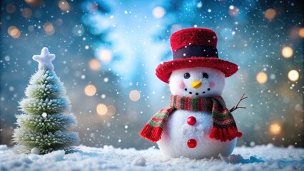 A charming snowman wears a vibrant red top hat adorned with white pom-poms, standing alone in a serene winter wonderland surrounded by snowflakes.