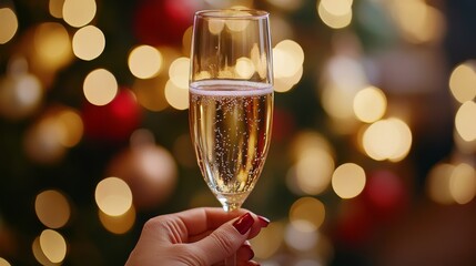 Close-up of a womans hand holding a glass of champagne, with festive bokeh lights in the background