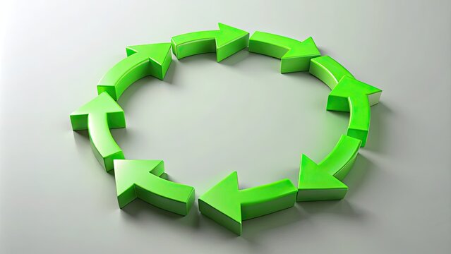 A circular formation of bright green arrows moving in a continuous loop, conveying the concept of recurrence, cycle, and perpetual motion in a modern minimalist design.