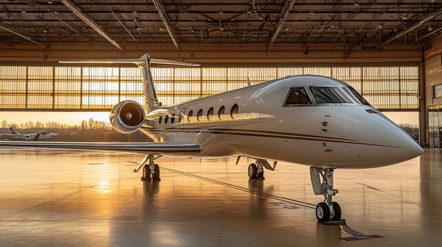Private jet airplane at the huge white hangar waiting for maintenance and repair jobs. Expensive and luxury trip is waiting after a passengers. Business jet prepared for departure. Luxury life