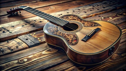 Fototapeta premium A close-up of a beautifully crafted acoustic guitar with intricate inlays and strings, positioned on a rustic wooden table, surrounded by scattered music sheets.