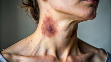 Fototapeta premium A close-up of a bruised and swollen neck with visible red marks and scratches, indicating a traumatic injury or violent assault.