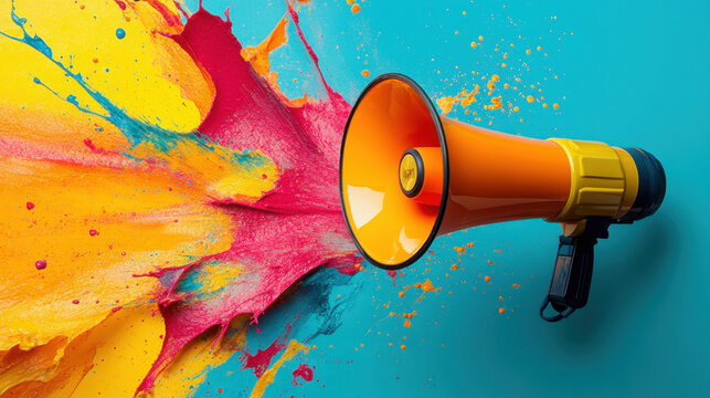 Colorful Megaphone,  A megaphone surrounded by bright, colorful splashes, representing effective and dynamic brand promotion strategies