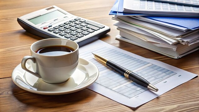A close-up of a completed tax form with a pen and calculator nearby, surrounded by scattered papers and a cup of coffee on a cluttered office desk.