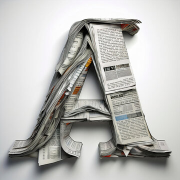 Alfabeto em recortes de folhas de jornal e revista, Letra A fundo branco.