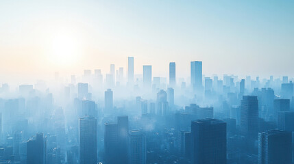 City Skyline,  A peaceful city skyline featuring minimalist buildings in soft shades of blue and white, fostering a calm and tranquil atmosphere
