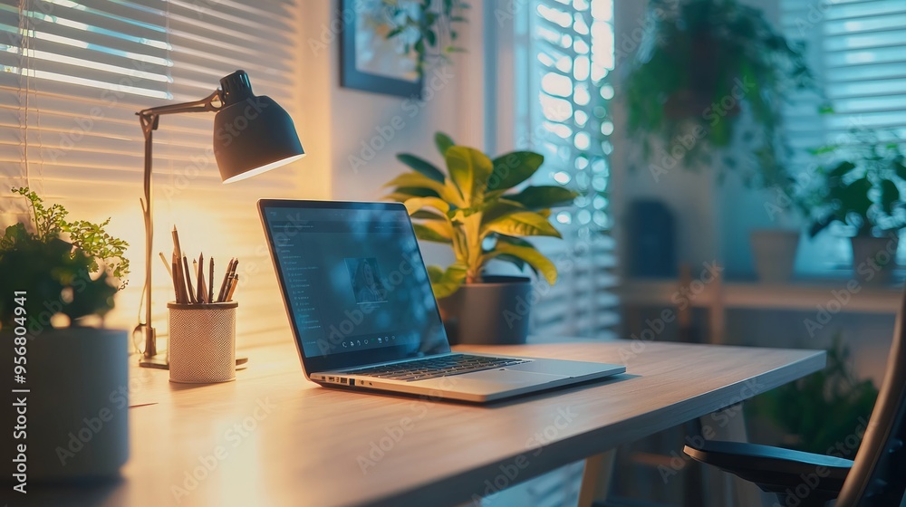 Wall mural Laptop on a desk with a lamp and plants.