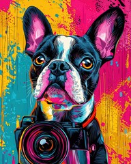 Petfluencer Colorful pop art portrait of a French Bulldog with bold patterns and vibrant hues, capturing playful personality and charm. pet idol ,pet star