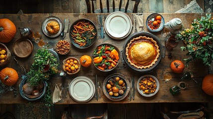 A beautifully arranged Thanksgiving feast with vibrant dishes, pumpkins, and rustic decor on a wooden table.