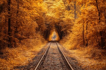 Naklejka premium Autumn Forest with Old Railway Tracks in a Tunnel of Love, AI generated illustration