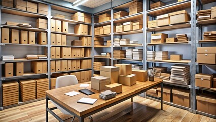 A cluttered office mail room with stacks of brown boxes, files, and envelopes on wooden tables, surrounded by shelves and metal sorting bins.