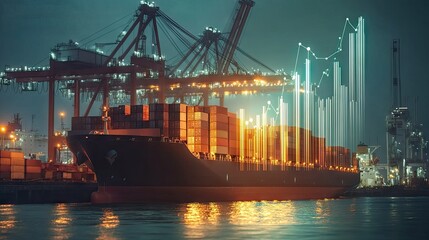 Fototapeta premium Cargo ship being unloaded by a crane at the dock, with an overlaid bar chart showing upward growth. Concept for increasing efficiency in export and freight transport.