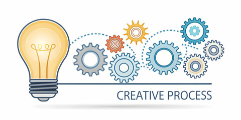 Flat Floating light bulb and gears with Creative Process text concept as A sleek vector design showcasing a floating light bulb and gears with the words Creative Process. The design is isolated on a w