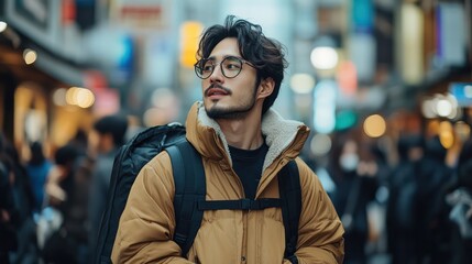 Fototapeta premium A confident influencer adjusts their jacket in the middle of a crowded street, capturing the essence of urban style and spontaneity.