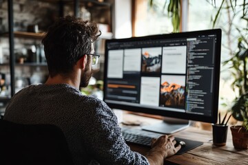 A focused individual working on a creative project at a desk with a large computer screen. Ideal for technology and design themes.