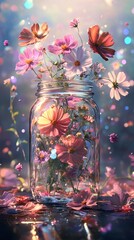 Cosmos in a Glass Mason Jar, Shabby Chic Style, AI generated illustration
