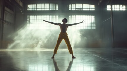A contemporary dancer in an empty warehouse, using expressive movements to tell a personal story of struggle and triumph, captured with dramatic lighting.