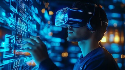 A person immersed in virtual reality, exploring data with advanced technology in a vibrant digital environment.