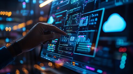 A person interacting with a futuristic digital interface, analyzing data on a screen filled with graphs and cloud symbols.