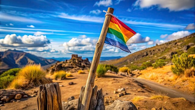 A colorful, weathered wooden stick stands upright in a rugged terrain, proudly holding a vibrant, waving flag, symbolizing adventure, exploration, and territorial marking.