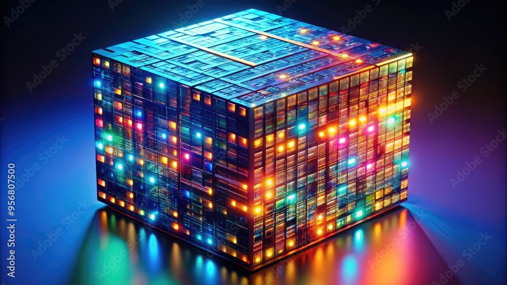 Aufkleber a colorful 3d cube composed of binary code and glowing circuits, symbolizing innovation, technology,