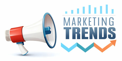 Flat Floating megaphone and chart with Marketing Trends text concept as A dynamic vector illustration of a floating megaphone and chart with the text Marketing Trends. The design is isolated on a whit