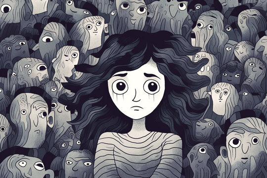 person with agoraphobia and Prosopometamorphopsia surrounded by a crowd of people with distorted faces