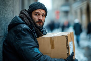 In a cold urban environment, a weary man clutches a cardboard box, embodying the struggles of homelessness and survival. Generative AI