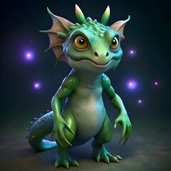 A cute and friendly green dragon with big eyes and a gentle expression.