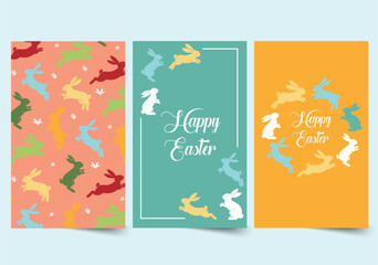 Jumping bunnies patterns concept in the flat cartoon design. Three Easter cards featuring colorful jumping bunnies, each showcasing unique compositions and color schemes. Vector illustration.