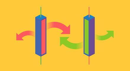Two green and red candlestick chart with arrows pointing in opposite directions. Minimal marketplace concept idea.