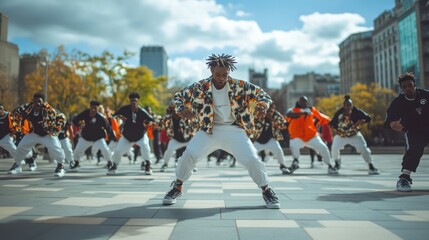 A dance crew performing a synchronized routine in a city square, each member executing precise and coordinated moves.
