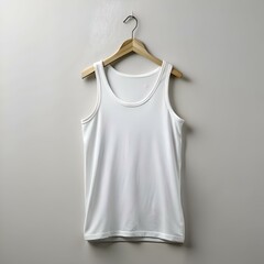 Blank white tank top hanging on a wooden hanger against a white background.