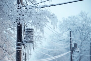 Fototapeta premium A snowy scene featuring power lines with icicles and frosted branches, capturing the serene beauty of winter's chill.