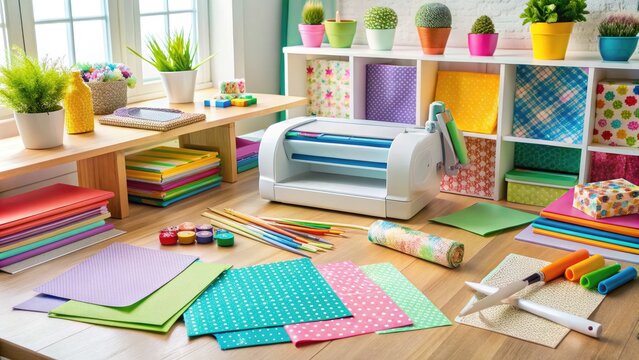 A colorful craft station features a cutting machine and various design templates, papers, and tools, ready for a creative DIY project or scrapbooking endeavor.