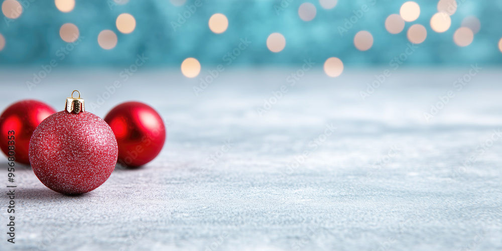 Canvas Prints red christmas baubles on snow background banner with xmas lights bokeh and copy space